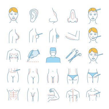 Plastik cerrahi renk simgeler kümesi. Yüz cerrahisi. Yüz ve vücut cerrahi kaldırma. Erkek ve dişi vücut şekillendirme ve düzeltme. 