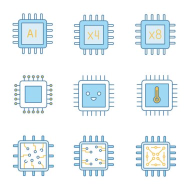 İşlemciler Icons set renk. AI çip, quad, Octa'yı çekirdekli işlemciler, entegre devre, mikro işlemci sıcaklığı, çip gülümseyerek. İzole vektör çizimler