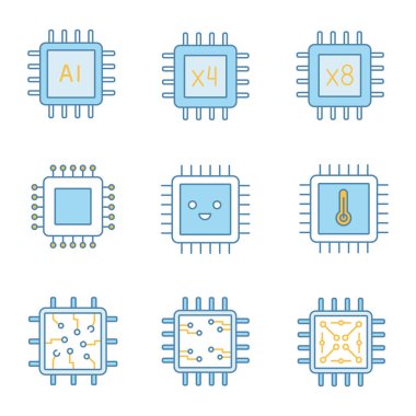 Processors color icons set. AI chip, quad, octa core processors, integrated circuit, microprocessor temperature, smiling chip. Isolated vector illustrations clipart