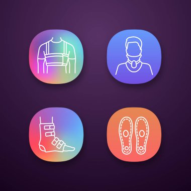 Travma tedavi app simgeleri ayarlayın. Cerrahi mens Kaburga Kemer, servikal yaka, ayak ayak bileği kaşlı ayraç, Ortopedik tabanlık. 
