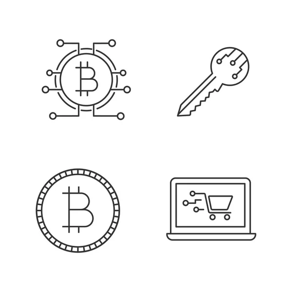 Bitcoin Cryptocurrency Linear Icons Set Digital Key Bitcoin Microchip Pathway — Stock Vector