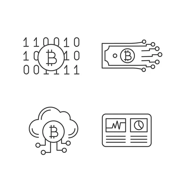 Bitcoin Cryptocurrency Linear Icons Set Binary Code Digital Money Cloud — Stock Vector