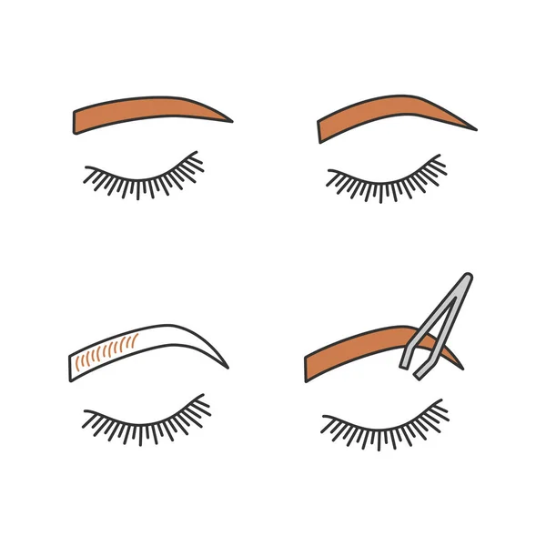 Eyebrows shaping color icons set. Straight and soft arched eyebrows shape, brows microblading, tweezing. Isolated vector illustrations