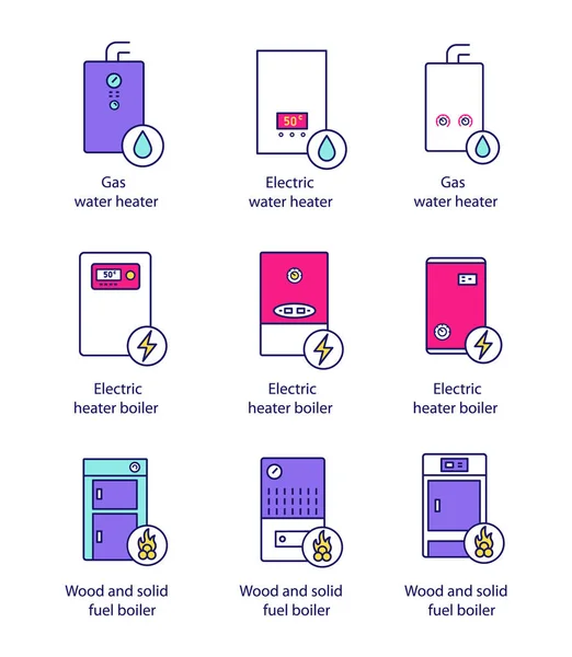 Heating Color Icons Set Gas Electric Solid Fuel Boilers Water — Stock Vector