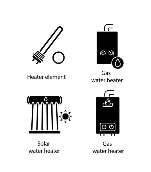 Verwarming Glyph Pictogrammen Instellen Elektrische Gas Warmwatertoestellen Ketel Industriële Boiler — Stockvector