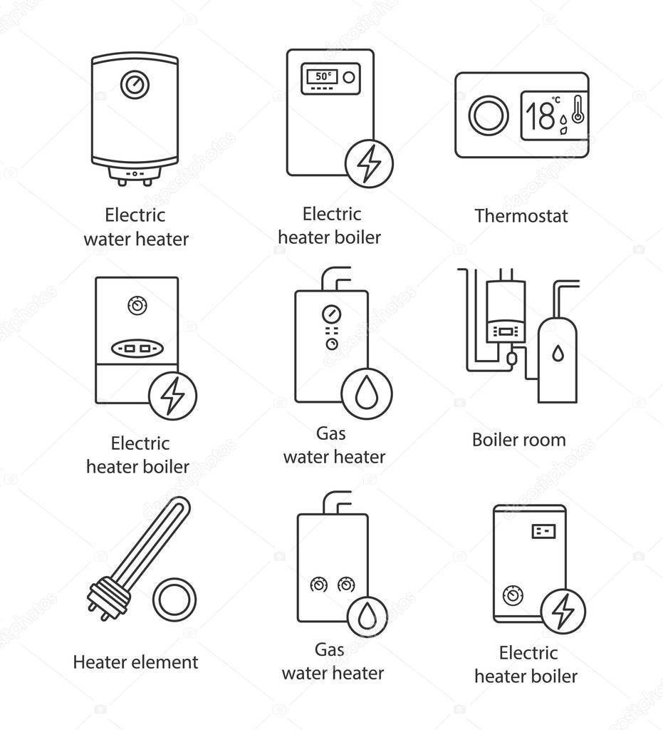 Heating linear icons set. Boilers, heaters, thermostat, boiler room. Gas and electric water heater. Contour symbols. Isolated vector outline illustrations. Editable stroke