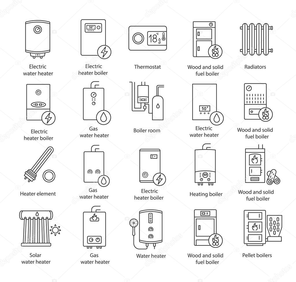 Heating linear icons set. Thin line contour symbols. Boilers, radiators, thermostat. Gas, electric, solid fuel, pellet, solar boilers. Isolated vector outline illustrations. Editable stroke