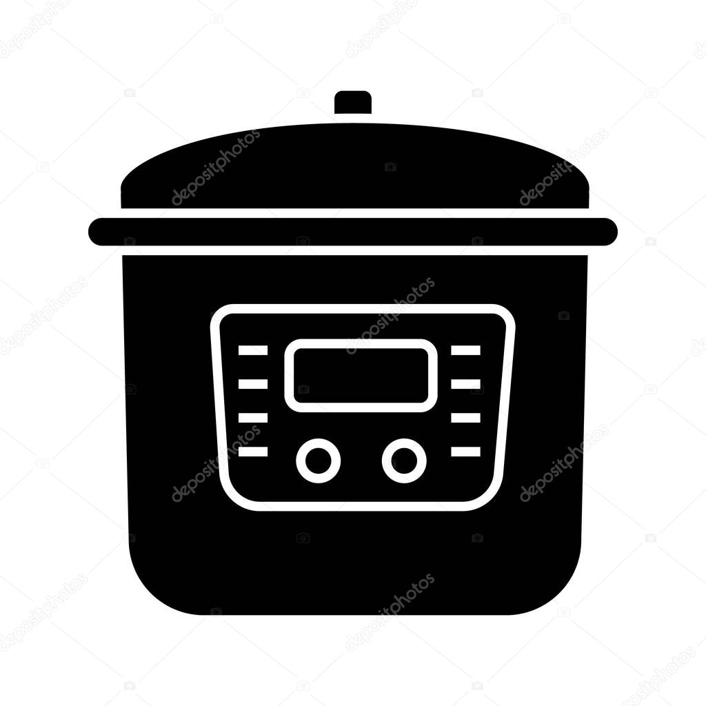 Multi cooker glyph icon. Slow cooker. Crock pot. Pressure multicooker. Kitchen appliance. Silhouette symbol. Negative space. Vector isolated illustration