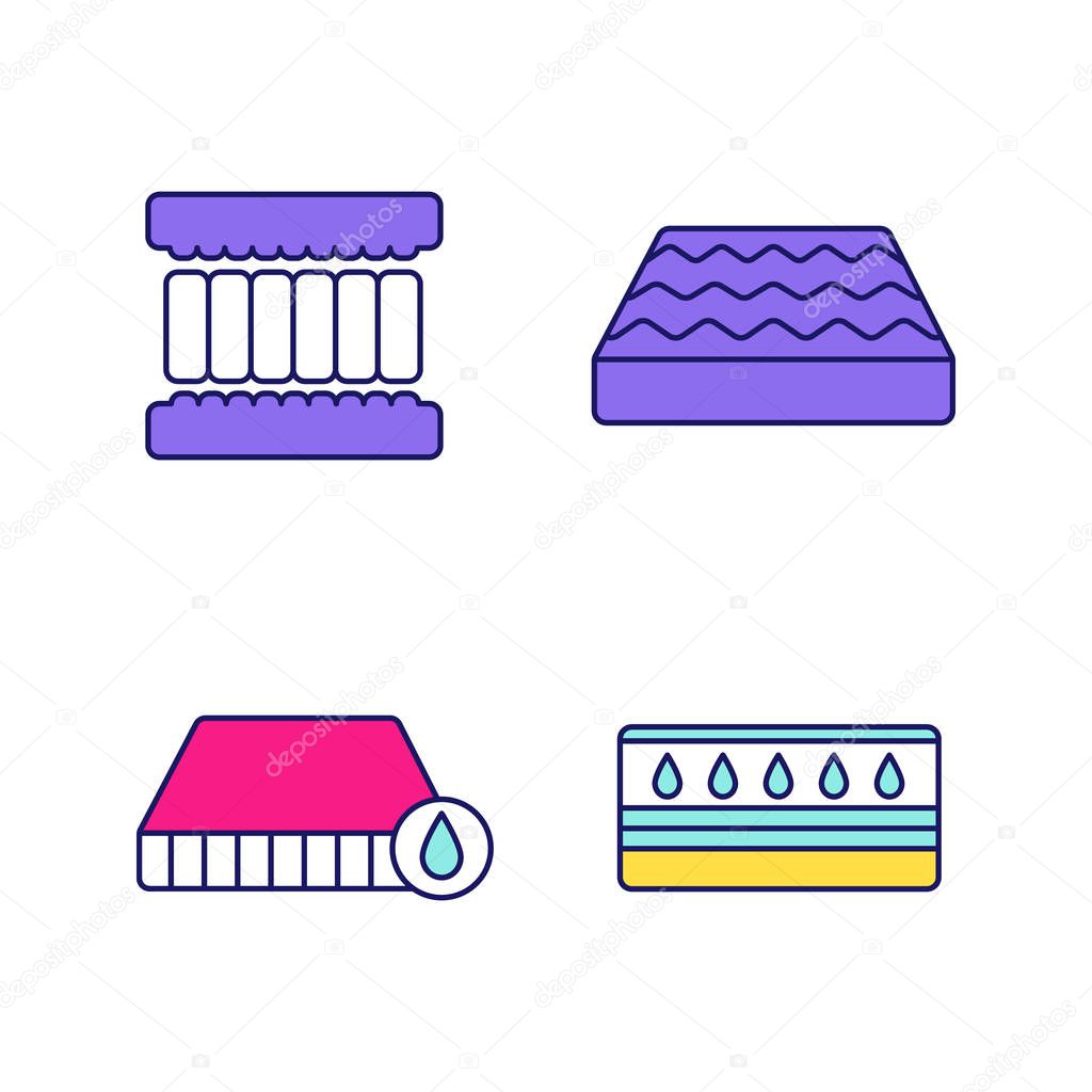 Orthopedic mattress color icons set. Waterproof, water mattress, memory foam filler. Isolated vector illustrations