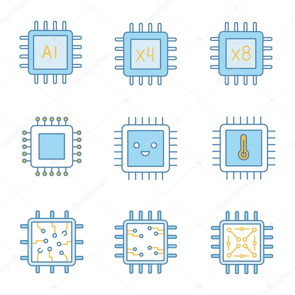 Processors color icons set. AI chip, quad, octa core processors, integrated circuit, microprocessor temperature, smiling chip. Isolated vector illustrations