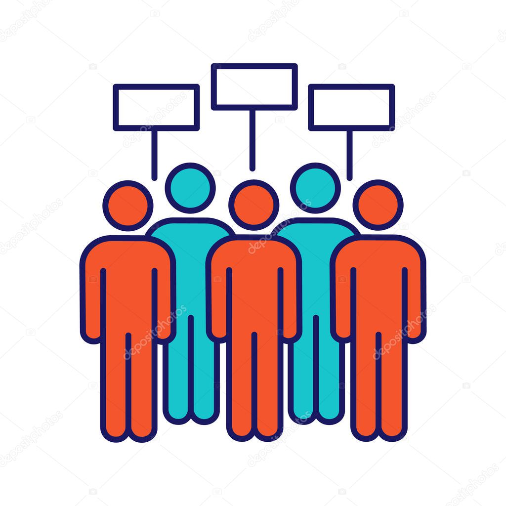 Protest event color icon. Political protest. Social movement. Public opinion. Protesters with banners. Demonstration, meeting. Collective action. Isolated vector illustration