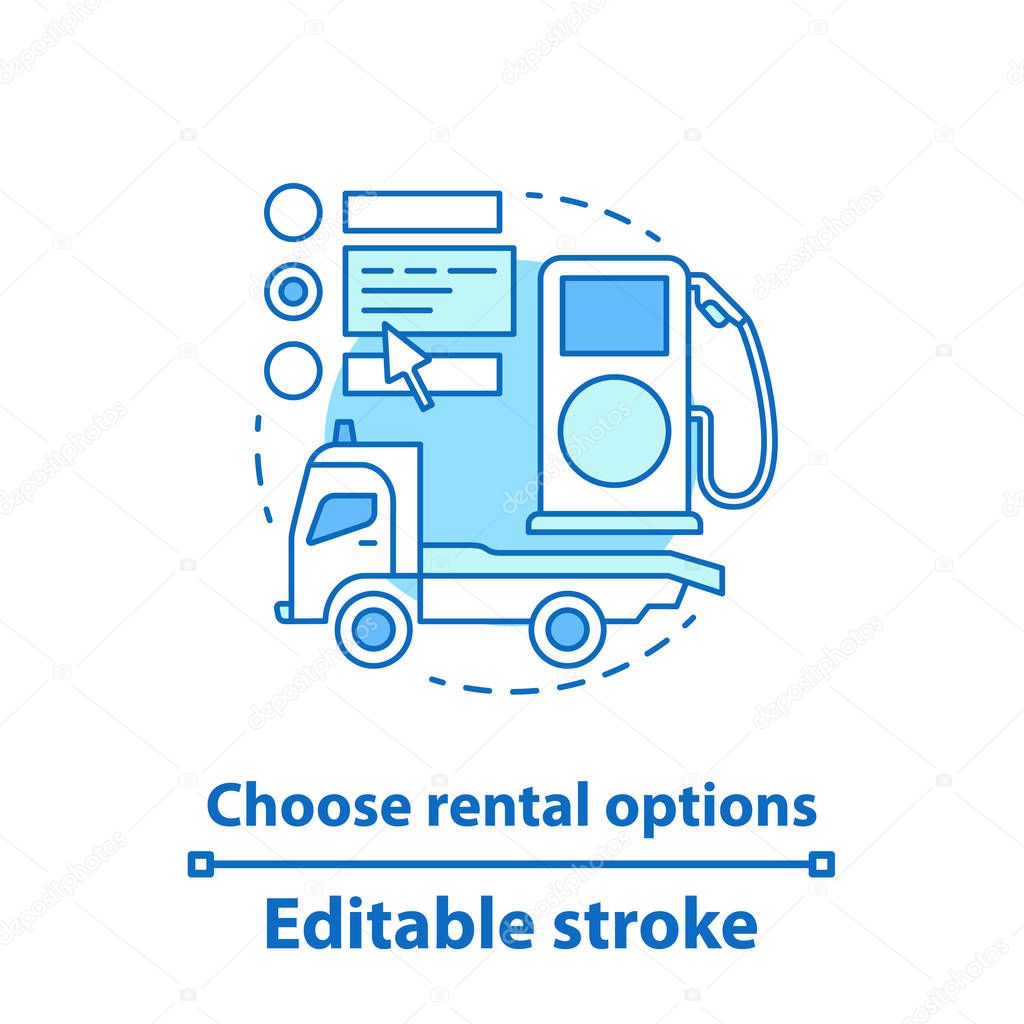 Car rental properties concept icon. Car service idea thin line illustration. Auto leasing. Gas station and tow truck. Vector isolated outline drawing. Editable stroke