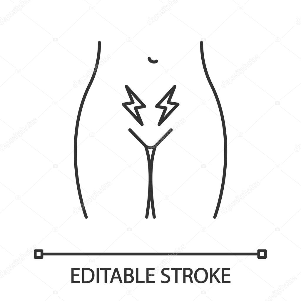 Menstrual cramps and pain linear icon. Lower abdominal acute pain in women. Strangury. Infertility. Uterus and ovary disorders. Contour symbol. Vector isolated outline illustration. Editable stroke