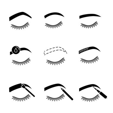 Glif Icons set şekillendirme kaşlar. Kemerli, yuvarlak, düzgün kaşları, makyaj temizleme, microblading, dövme, şekillendirme, kalemle renklendirme kaşları.