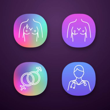 Kadın hastalıkları app simgeleri ayarlayın. Göğüs ağrısı, meme ucu deşarj, heteroseksüellik sembolü, jinekolog. UI/Ux Kullanıcı arabirimi.