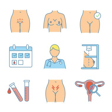 Kadın hastalıkları renk simgeler kümesi. Adet takvim, meme ucu deşarj, test laboratuvarı, genital döküntü, Doktor, mamografi, sınav, regl ağrısı, kadın sağlık.