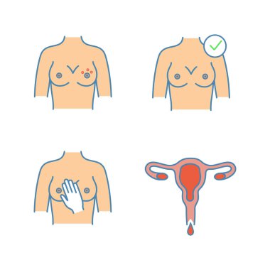 Kadın hastalıkları renk simgeler kümesi. Meme döküntü, kadın sağlık, meme palpasyonla, menstruasyon. 