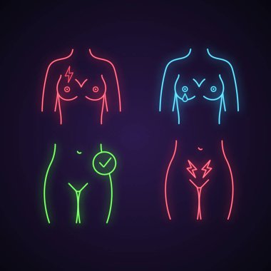 Kadın hastalıkları neon ışık Icons set. Göğüs ağrısı, meme ucu basma, kadın sağlık, regl ağrısı ve kramplar