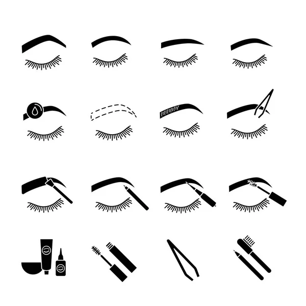 Eyebrows shaping glyph icons set. Brows microblading and tattoo procedure.