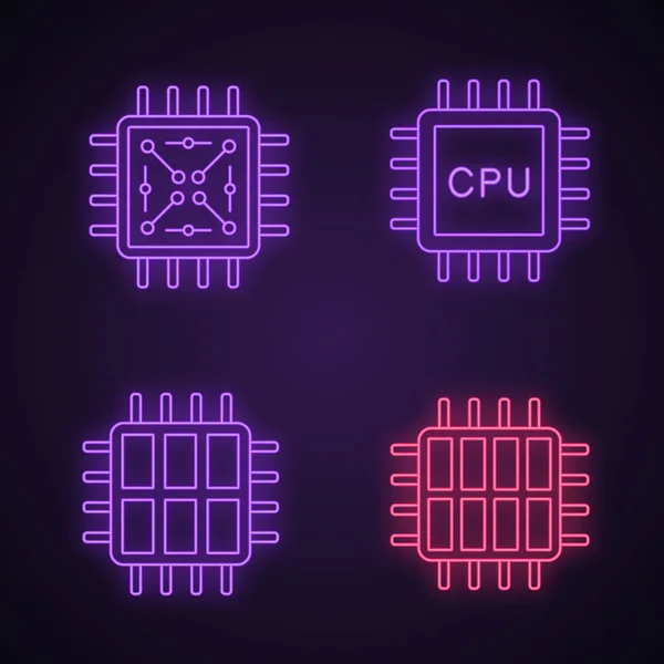 Şlemciler Neon Işık Icons Set Çip Mikroişlemci Cpu Altı Octa — Stok Vektör