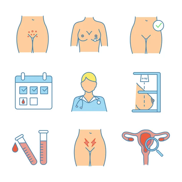 Gynäkologie Farbsymbole Gesetzt Menstruationskalender Brustwarzenausfluss Labortest Genitalausschlag Arzt Mammographie Untersuchung — Stockvektor