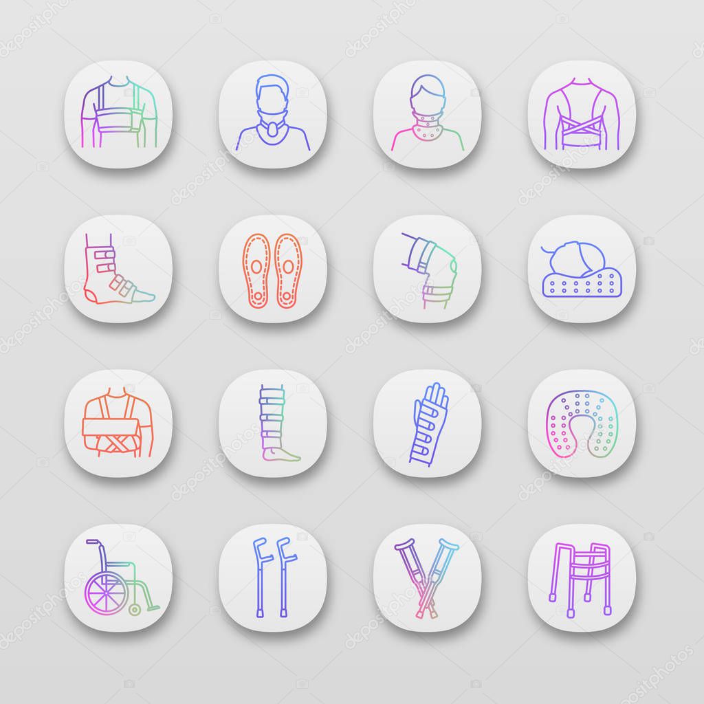 Trauma treatment app icons set. Orthopedic equipment. Braces and bandages, crutches. Injuries, broken legs and arms recovery. 