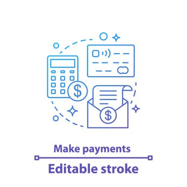 Yapmak ödeme kavramı kutsal kişilerin resmi. Bankacılık fikir ince hat illüstrasyon. Para hareket. Finansal işlemler. İzole anahat çizim vektör. Düzenlenebilir kontur