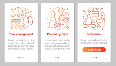 Doğrusal kavramları ile kişisel nitelikleri onboarding mobil uygulaması sayfa ekran. Zaman yönetimi, öz denetim, kişisel büyüme grafik yönergeleri adım. UX, UI, GUI vektör şablon resimler