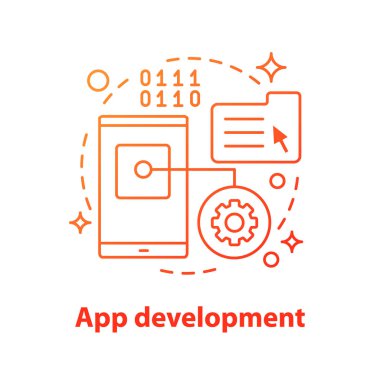 App Geliştirme kavramı simgesi. Dijital teknoloji fikir ince hat illüstrasyon. Dosya Yöneticisi. Akıllı telefon ayarları. Çizim vektör izole anahat