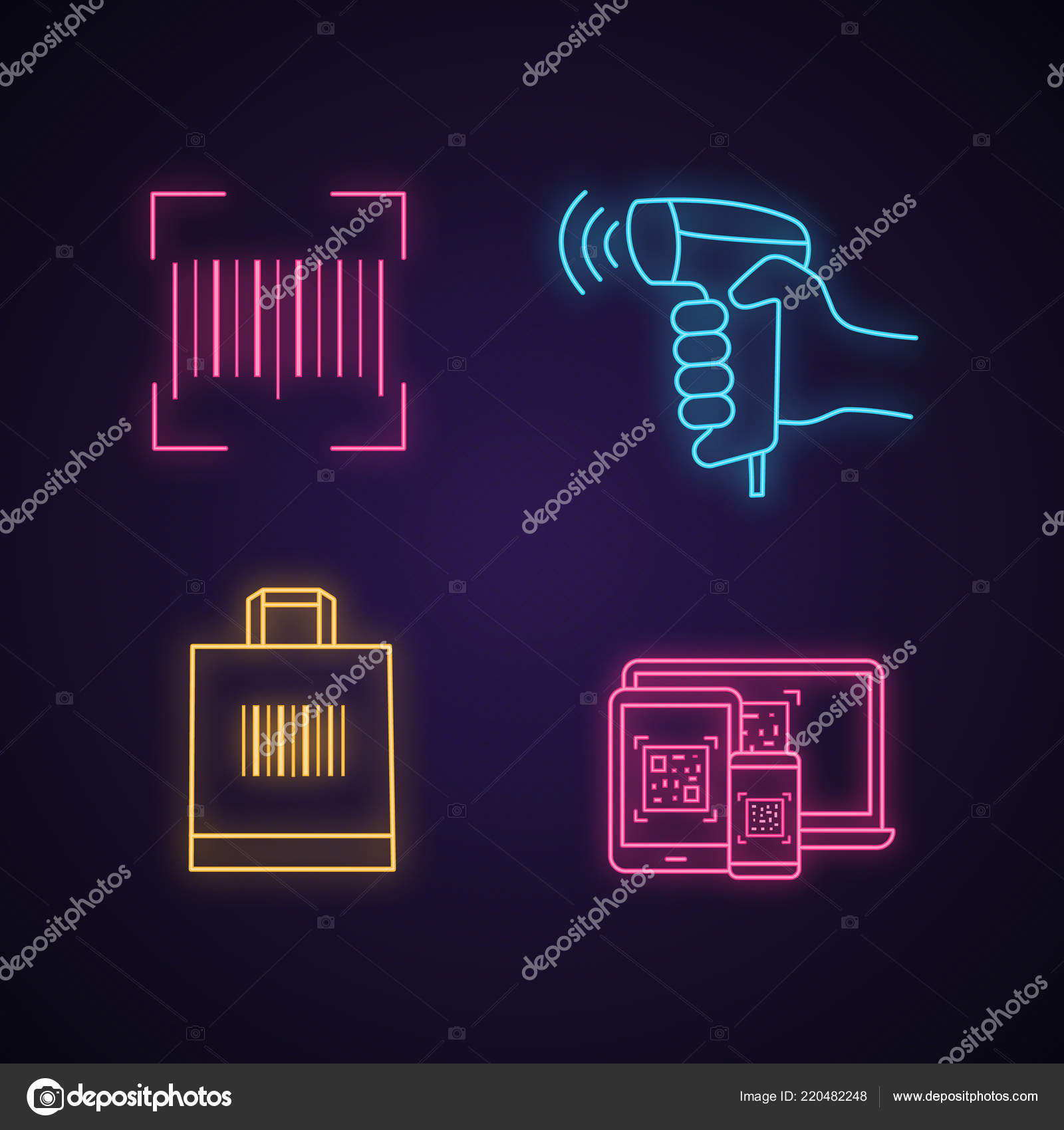 Set Icone Codici Barre Luce Neon Codice Lineare Barcode