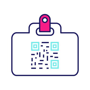 QR kod kimlik kartı renk simgesi. Matrix barkod ile adı rozet. Kimlik kartı ile 2d şifre. İki boyutlu barkod veri. İzole vektör çizim