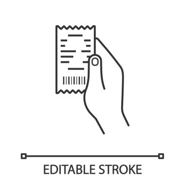 Nakit makbuz doğrusal simgesi tutan el. Kağıt onay. İnce hat illüstrasyon. Bill. Kontur sembolü. İzole anahat çizim vektör. Düzenlenebilir kontur