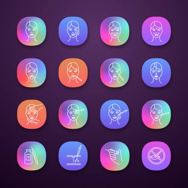 Nörotoksin enjeksiyon app simgeleri ayarlayın. UI/Ux Kullanıcı arabirimi. Anti kırışıklık yordamlar. Nöro toksin enjeksiyonu. Yüz gençleştirme. Kozmetik prosedürler. Kozmetik. İzole vektör çizimler