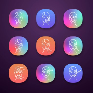 Nörotoksin enjeksiyon app simgeleri ayarlayın. UI/Ux arabirimi. Kadın yüz, makyaj temizleme, krem, kırışıklıklar, dudak, göz nörotoksin enjeksiyon, güzellik uzmanı sınav, dezenfeksiyon. İzole vektör çizimler