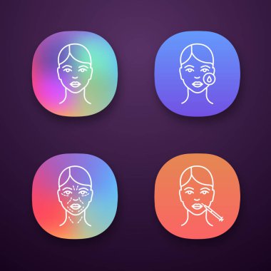 Nörotoksin enjeksiyon app simgeleri ayarlayın. UI/Ux Kullanıcı arabirimi. Kadın yüz, makyaj temizleme, kopyalama kırışıklık, dudak enjeksiyon. Web ya da mobil uygulamalar. İzole vektör çizimler