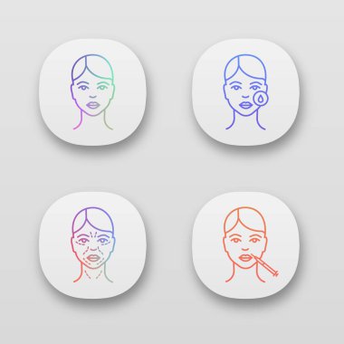 Neurotoxin injection app icons set. UI/UX user interface. Woman face, makeup removal, mimic wrinkles, lips injection. Web or mobile applications. Vector isolated illustrations clipart