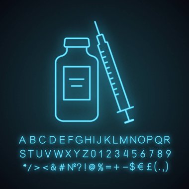 Medicine vial and syringe neon light icon. Neurotoxin injection. Medications. Glowing sign with alphabet, numbers and symbols. Vector isolated illustration clipart