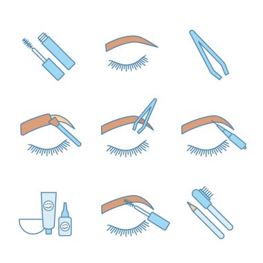 Kaşları renk Icons set şekillendirme. Kit, kemerli kaşlar, cımbız, microblading, maskara, kaş renklendirme ve kalem ve fırça ile şekillendirme boya. İzole vektör çizimler