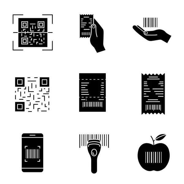 Barcodes Glyph Iconen Set Lineaire Codes Scannen App Apparaat Reçu — Stockvector