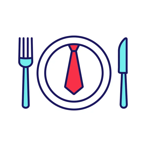 ビジネス ランチ ディナー色アイコン 食事にビジネスを議論します テーブル ナイフ フォーク プレート内部のネクタイ 分離ベクトル図 — ストックベクタ