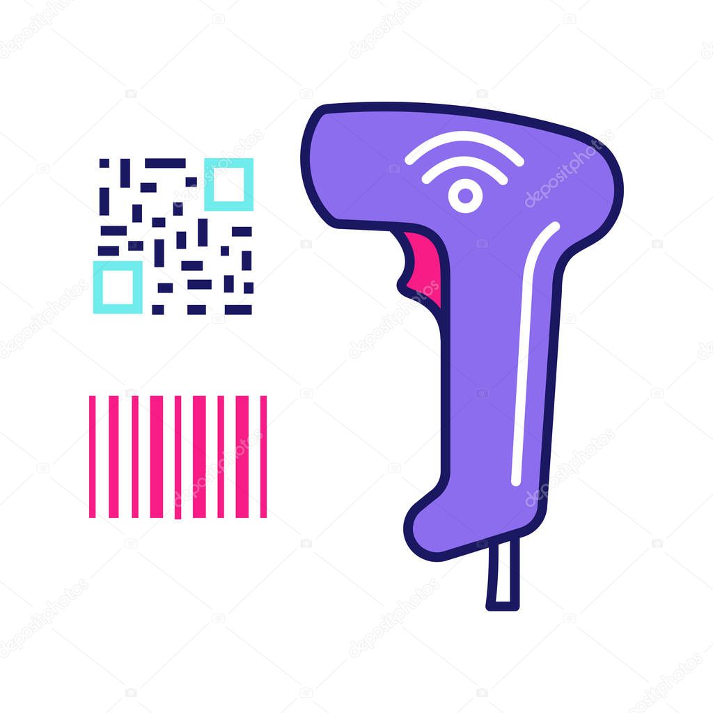 Barcode and QR code scanner color icon. Wifi linear and matrix barcodes handheld reader. QR codes and traditional barcodes reading device. Store, shop, supermarket. Isolated vector illustration
