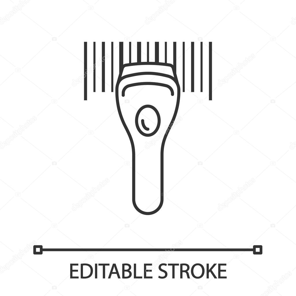 Barcode scanning linear icon. Linear barcode handheld scanner. Thin line illustration. Store, shop, supermarket. Bar code reader. Contour symbol. Vector isolated outline drawing. Editable stroke