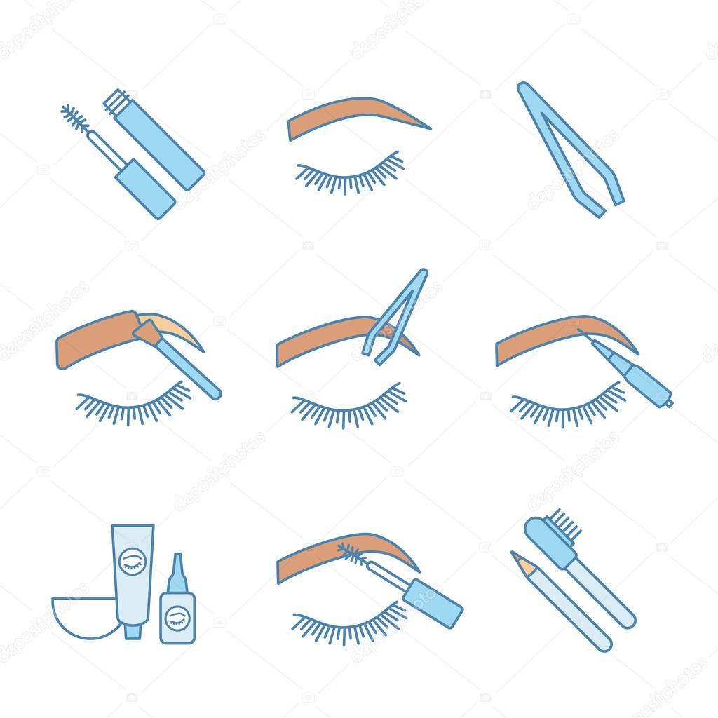 Eyebrows shaping color icons set. Dye kit, arched brows, tweezer, microblading, mascara, eyebrow tinting and contouring with pencil and brush. Isolated vector illustrations
