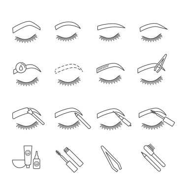 Doğrusal Icons set şekillendirme kaşlar. Kaşları microblading ve dövme prosedür. Kaşları kalıcı makyaj. Kaşları renklendirme. İnce çizgi kontur sembolleri. İzole vektör anahat çizimler. Düzenlenebilir kontur