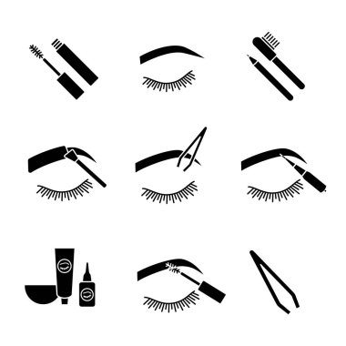 Glif Icons set şekillendirme kaşlar. Kit, kemerli kaşlar, cımbız, microblading, maskara, kaş renklendirme ve kalem ve fırça ile şekillendirme boya. Siluet simgeler. İzole vektör çizim