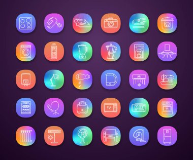Ev aleti app simgeleri ayarlayın. Ev ve mutfak her ülkede verilmektedir. Buzdolabı, elektrikli süpürge, çamaşır makinası, karıştırıcı, bulaşık makinesi, fırın, soba. UI/Ux Kullanıcı arabirimi. İzole vektör çizimler