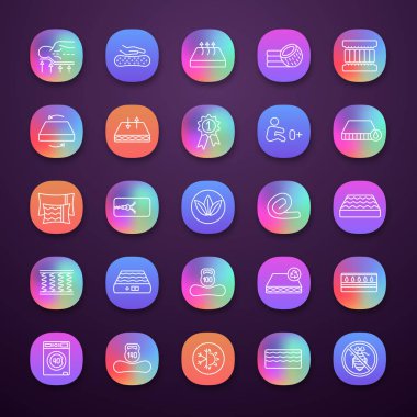 Ortopedik yatak app simgeleri ayarlayın. UI/Ux Kullanıcı arabirimi. Lateks, innerspring ve bellek köpük şilte. Yatak takımları, antialerjik nefes alabilen, ekolojik, anatomik, su geçirmez. İzole vektör çizim