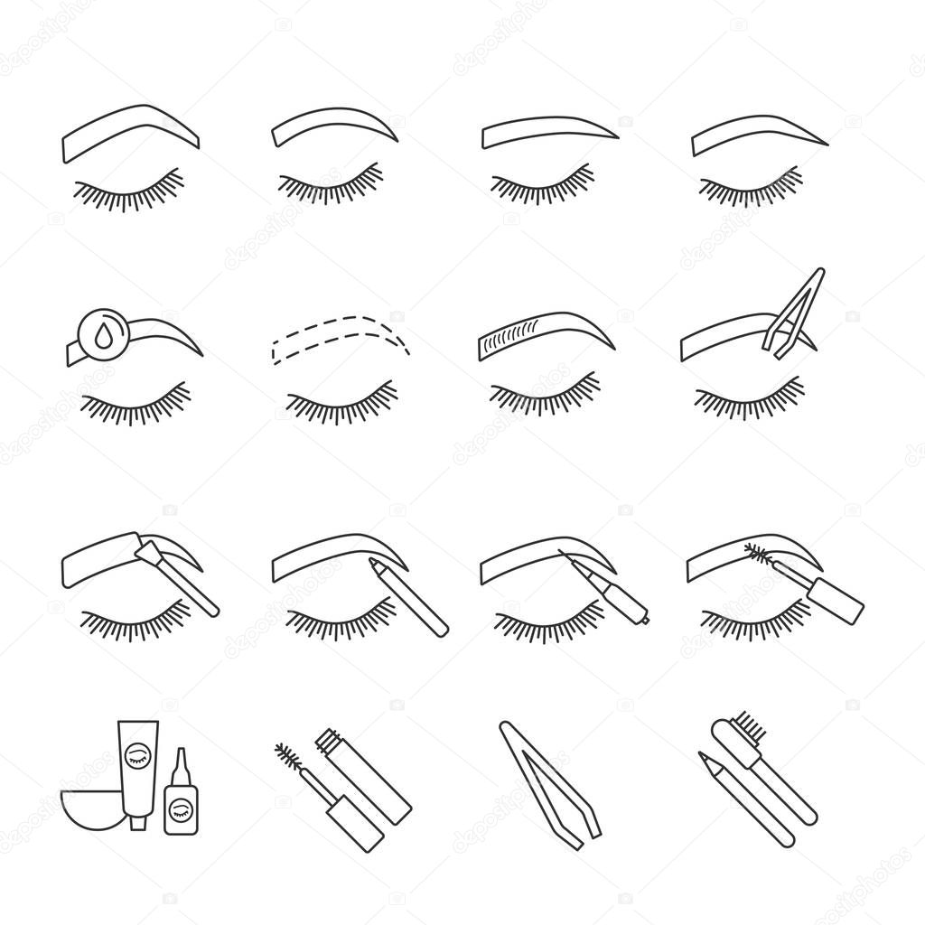 Eyebrows shaping linear icons set. Brows microblading and tattoo procedure. Eyebrows permanent makeup. Brows tinting. Thin line contour symbols. Isolated vector outline illustrations. Editable stroke