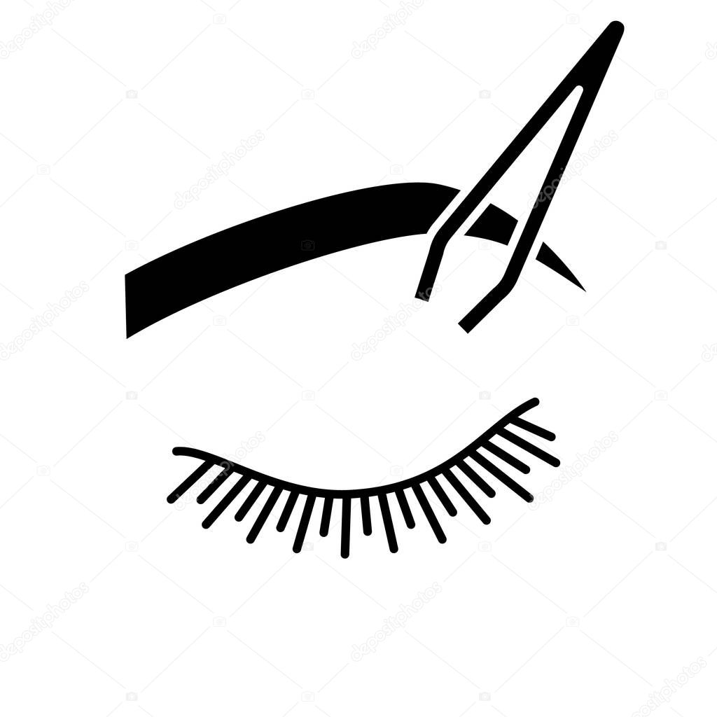 Eyebrows shaping glyph icon. Brows correction. Eyebrows tweezing. Brows plucking. Cosmetic tweezer. Silhouette symbol. Negative space. Vector isolated illustration