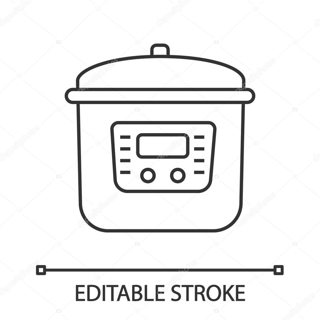Multi cooker linear icon. Slow cooker. Thin line illustration. Crock pot. Pressure multicooker. Kitchen appliance. Contour symbol. Vector isolated outline drawing. Editable stroke